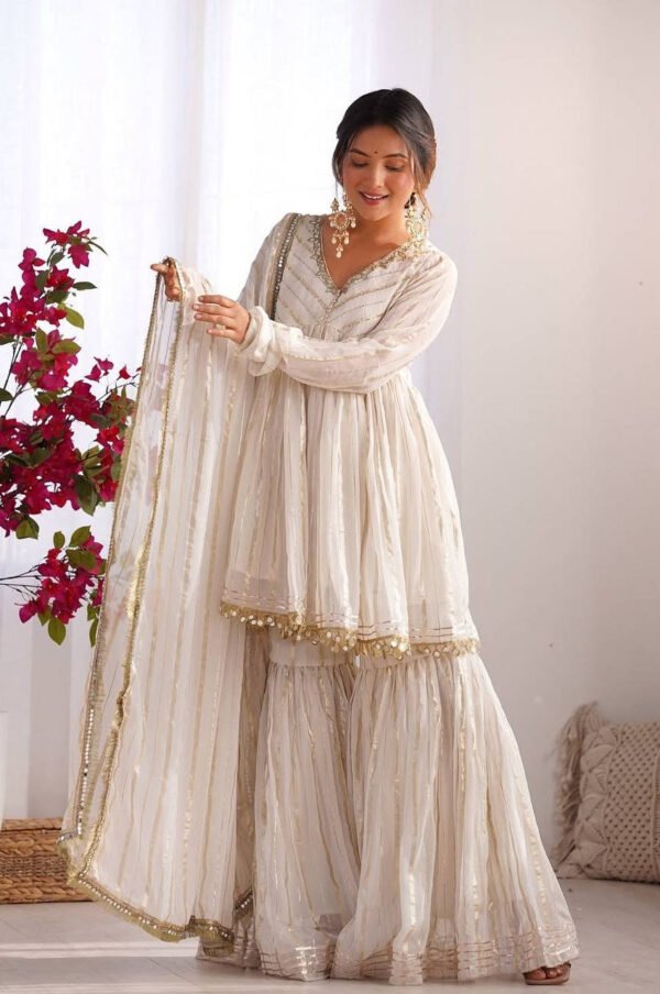 Gold White Designer Sharara Suit Set