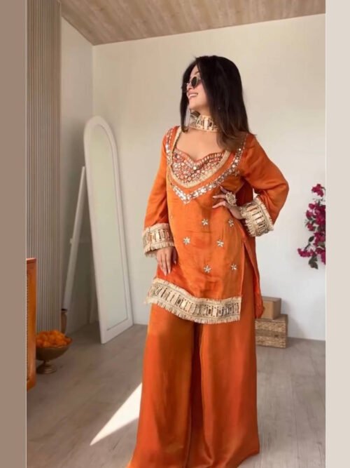 Rust Orange Mirror Work Palazzo Suit