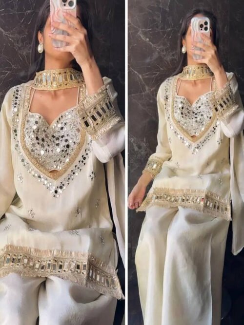 Off White Mirror Work Palazzo Suit