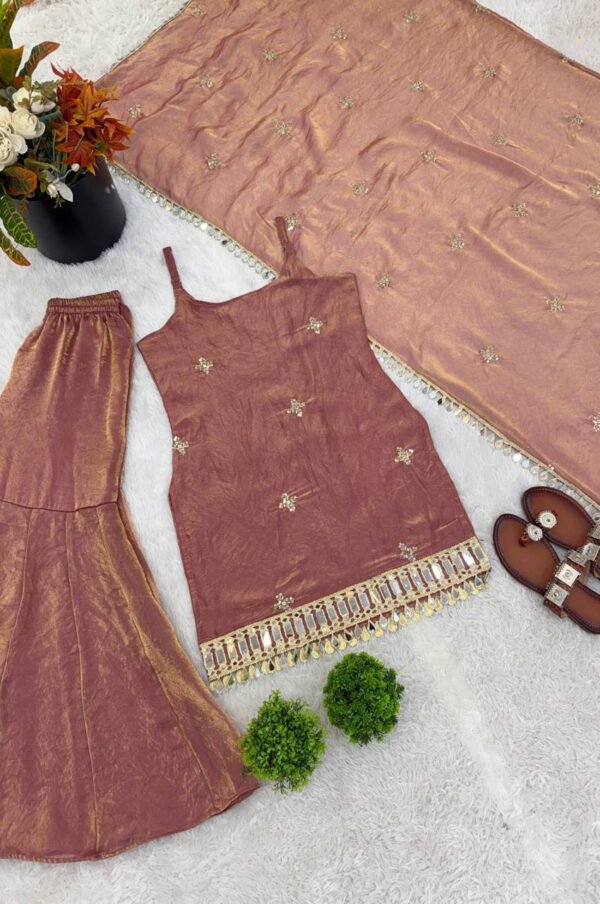 Rust Brown Fendy Silk Sharara Suit with Real Mirror