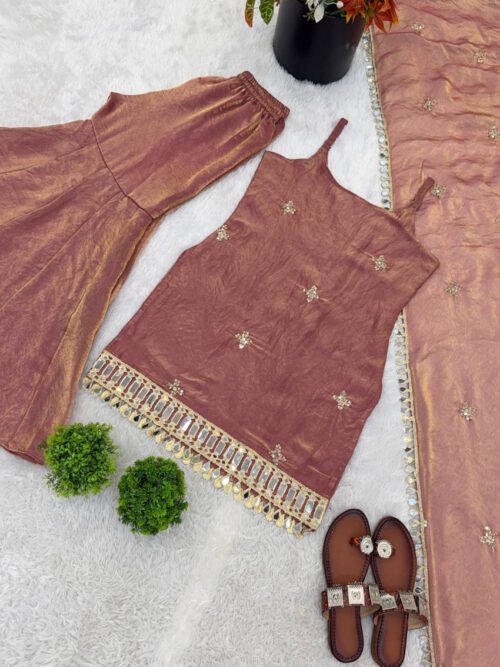 Rust Brown Fendy Silk Sharara Suit with Real Mirror