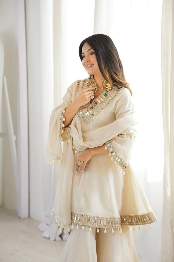 Ivory Tebby Organza Silk Sharara Suit with Real Mirror Lace Work