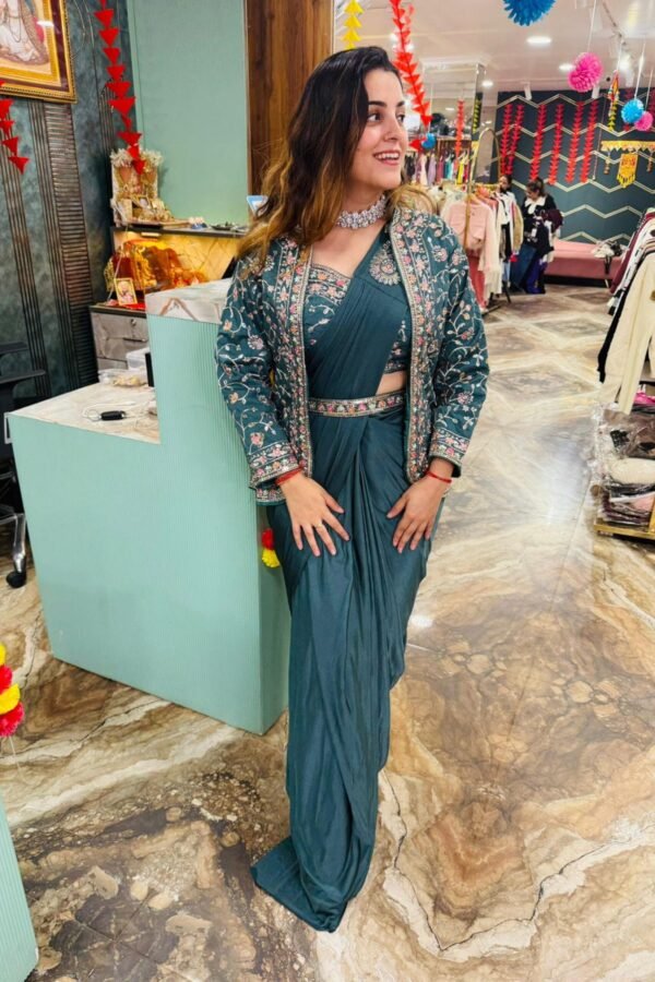 Steel Blue Rangoli Silk Ready-to-Wear Saree with Embroidered Blouse, Koti