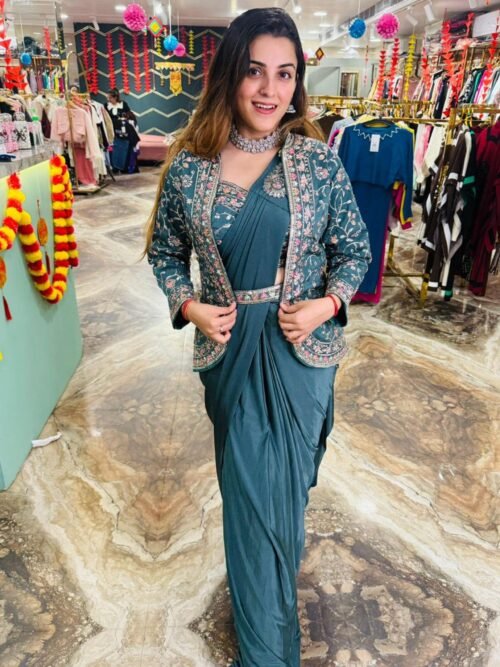 Steel Blue Rangoli Silk Ready-to-Wear Saree with Embroidered Blouse, Koti