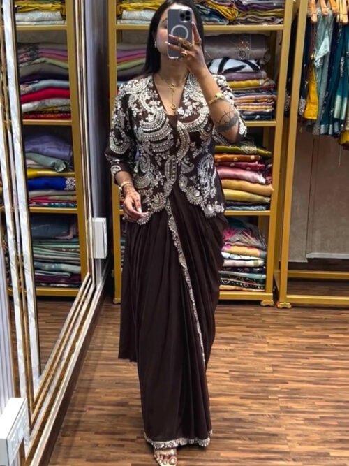 Elegant Brown Indo-Western Drape Saree Set