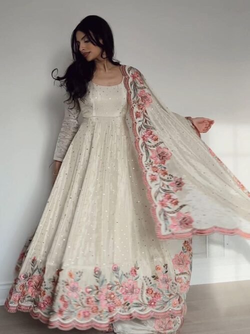 Off-White Vichitra Silk Gown Set