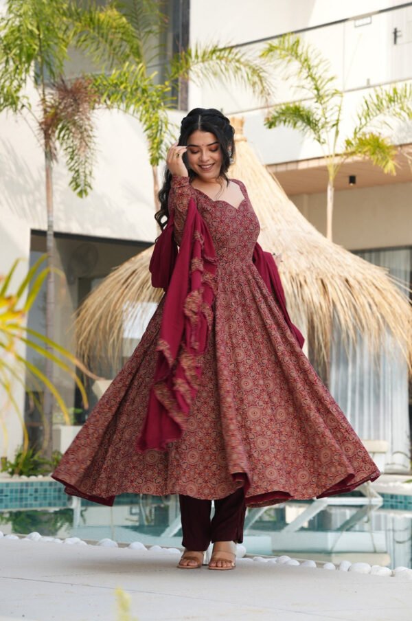 Traditional Ajrakh Print Maroon Cotton Anarkali Suit