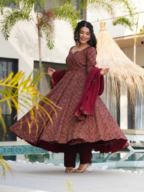 Traditional Ajrakh Print Maroon Cotton Anarkali Suit