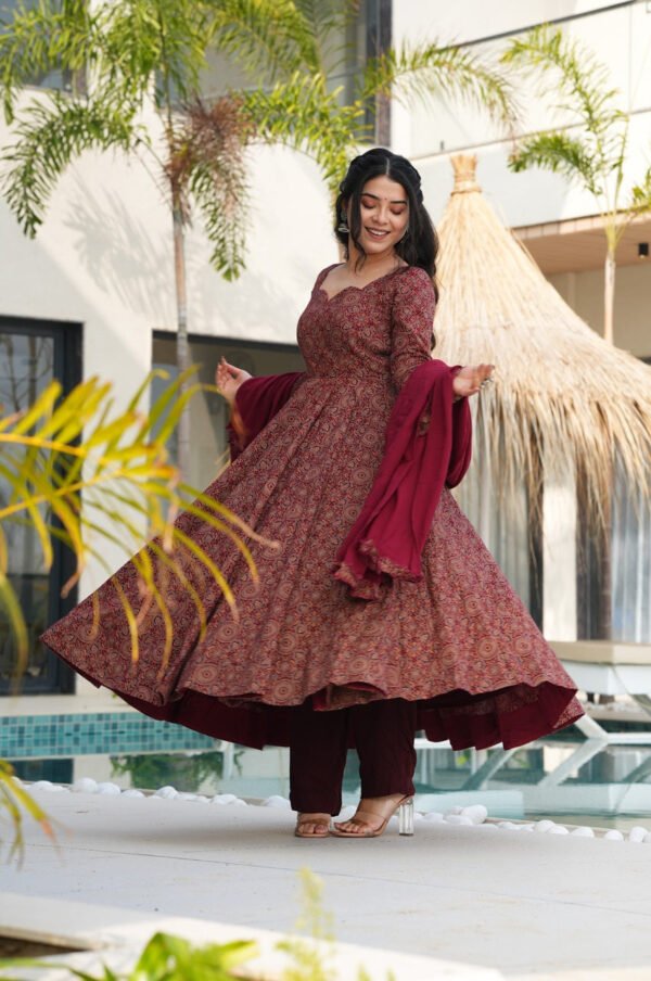 Traditional Ajrakh Print Maroon Cotton Anarkali Suit