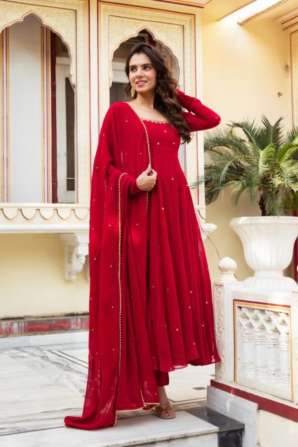 Radiate Elegance in This Red Hand Work Anarkali Suit