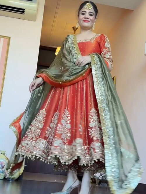 Orange Wedding Wear Anarkali Suit Set
