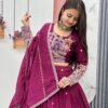 Maroon Embroidered Vichitra Lehenga Choli Set
