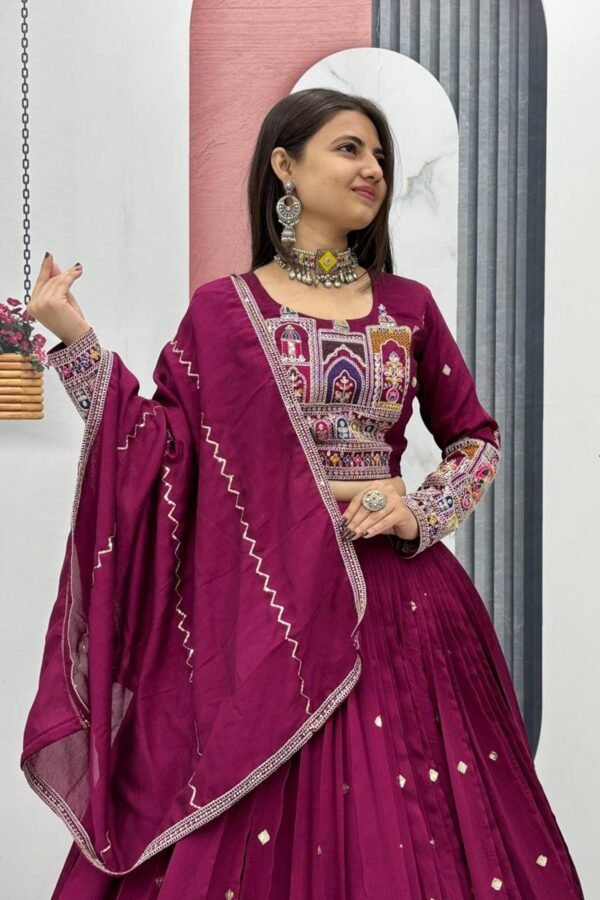 Maroon Embroidered Vichitra Lehenga Choli Set