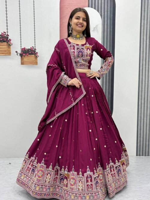Maroon Embroidered Vichitra Lehenga Choli Set