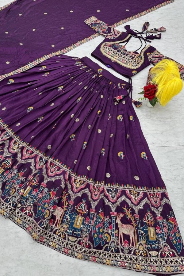 Purple Embroidered Vichitra Lehenga Choli