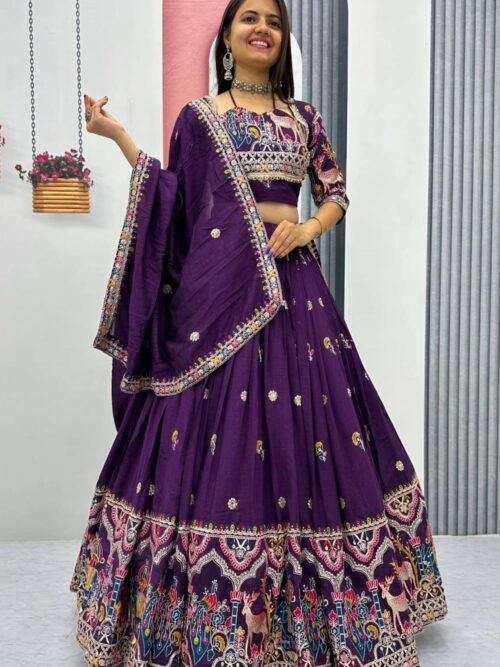 Purple Embroidered Vichitra Lehenga Choli