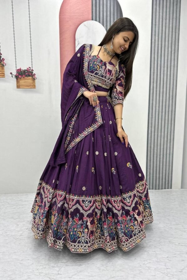 Purple Embroidered Vichitra Lehenga Choli
