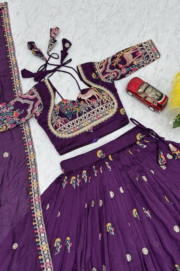 Purple Embroidered Vichitra Lehenga Choli