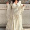 Luxurious White Georgette Anarkali Suit Set with Lakhnawi Work