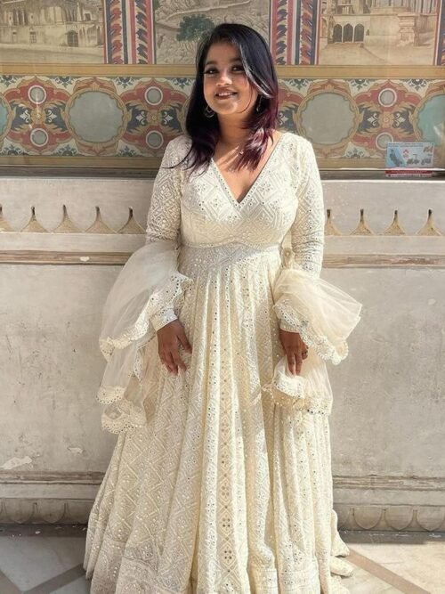 Luxurious White Georgette Anarkali Suit Set with Lakhnawi Work