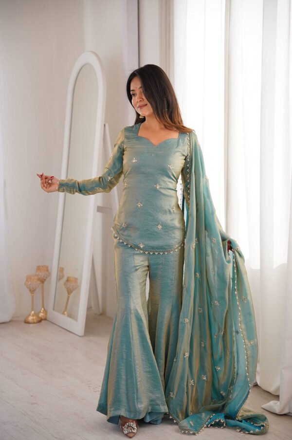 Steel Green Fendy Silk Sharara Suit