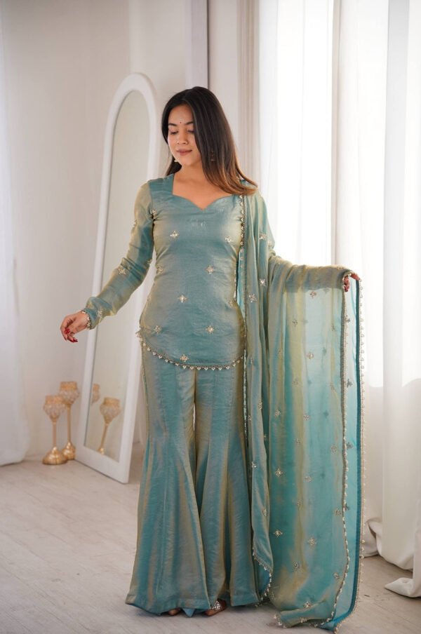 Steel Green Fendy Silk Sharara Suit