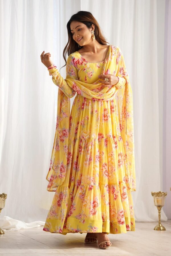 Yellow Floral Print Fox Georgette Anarkali Suit Set