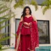 Cherry Red Tabby Organza Mukesh Work Palazzo Suit
