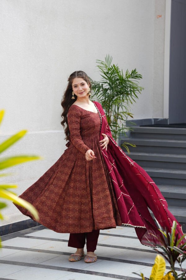 Maroon Cotton Ajrakh Print Anarkali Suit Set